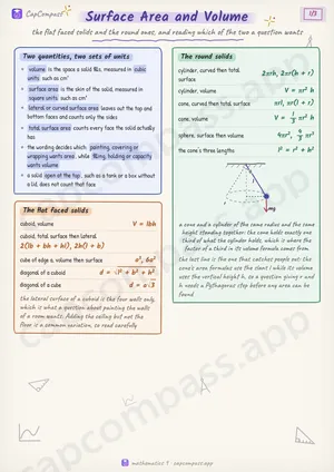 Surface Area and Volume revision notes, page 1 of 3